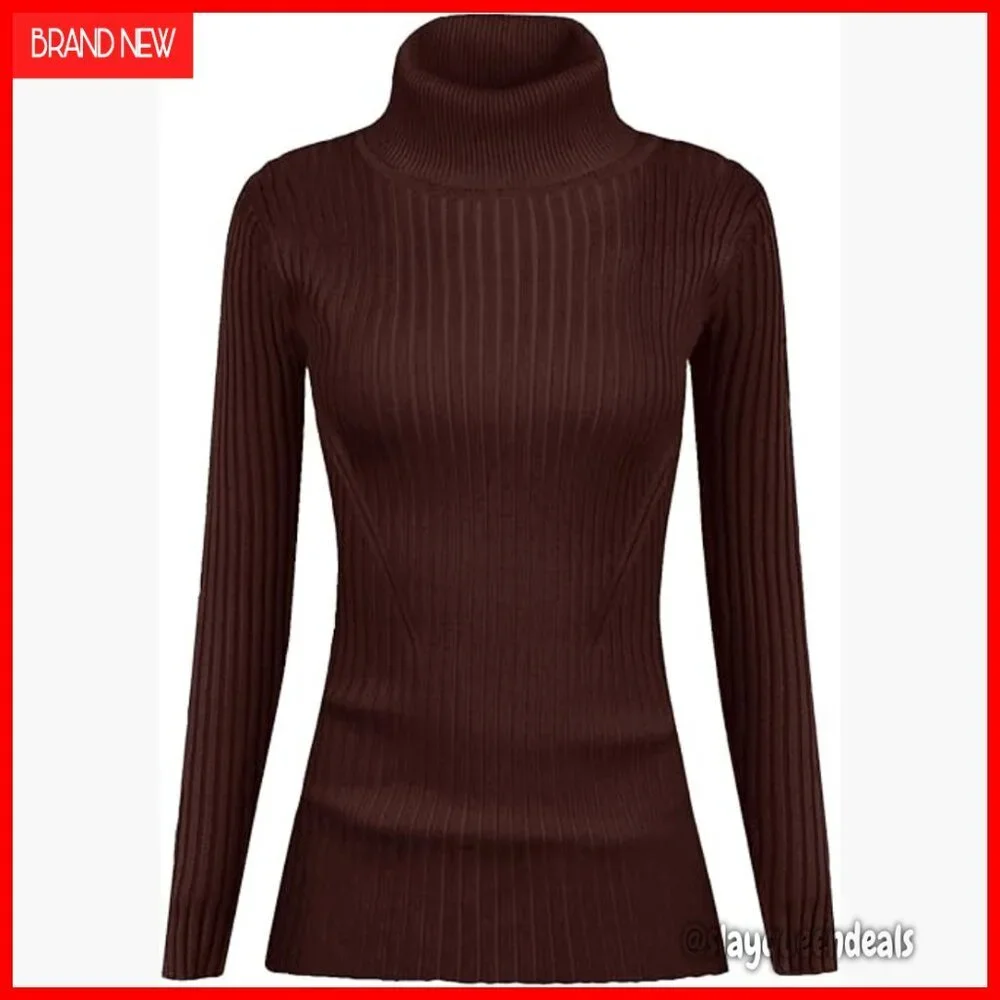 Ribbed Turtleneck Sweater Slim Fit Pullover Viscose Knit Long Sleeve